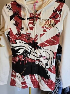 Christian Audigier Crystal Rock Embellished Graphic Zip Hoodie NWT